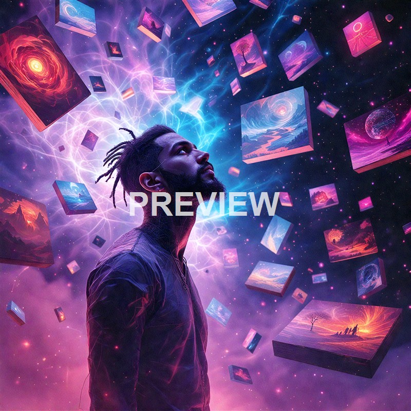 A man with dreadlocks and a beard gazes upward amidst a surreal space scene filled with floating digital artworks, glowing lights, and cosmic patterns.
